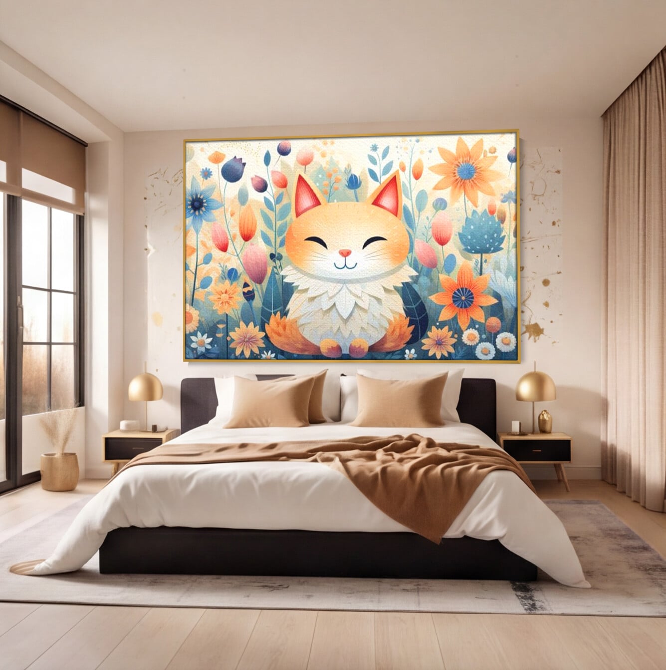 Tablou canvas cu tablou canvas cu pisicuta in gradina cu flori, in rama de aluminiu auriu, pe perete intr-un dormitor